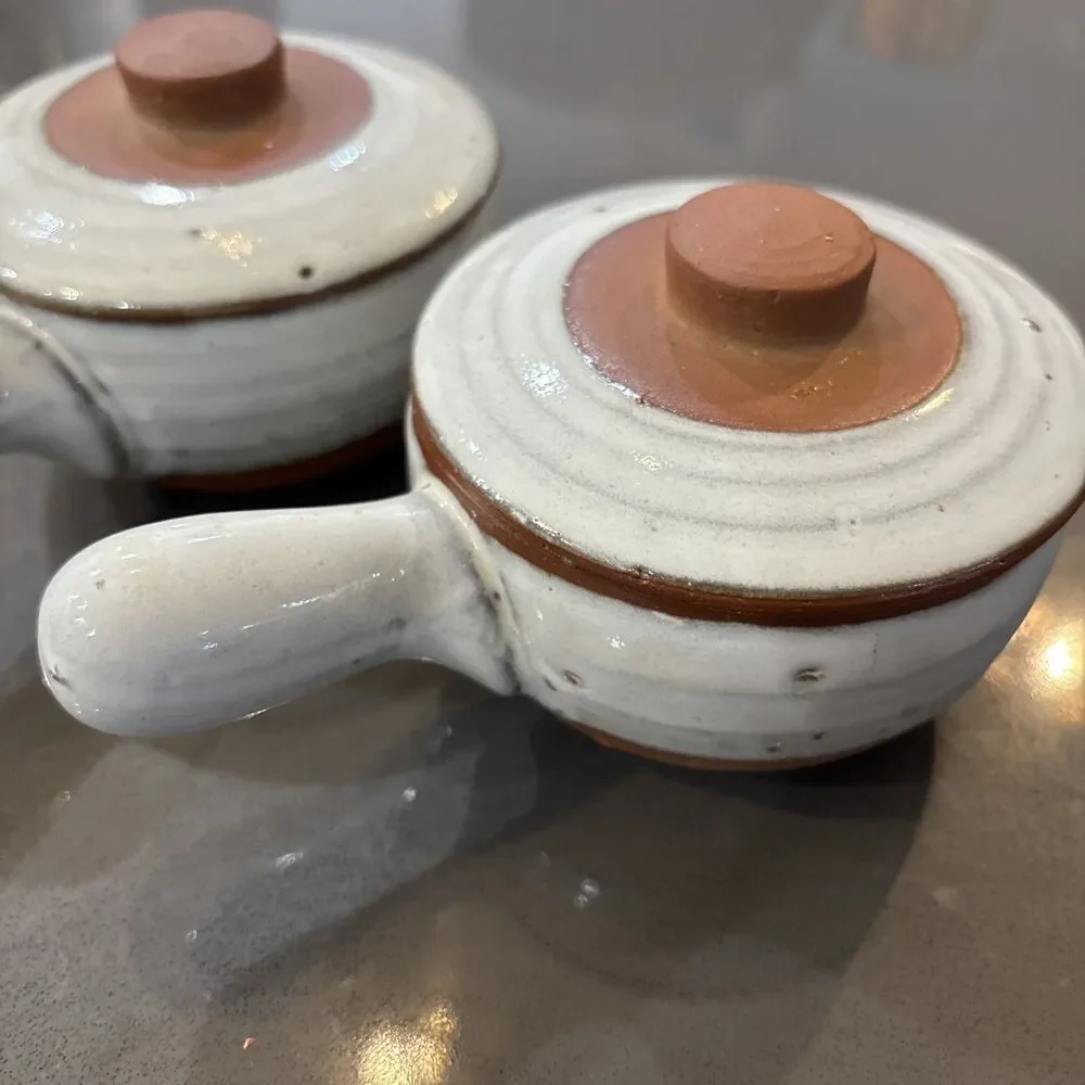 Set 2 Clay Pottery Covered Bean Pot Soup Bowl Crock Glazed Set 2 W Lids